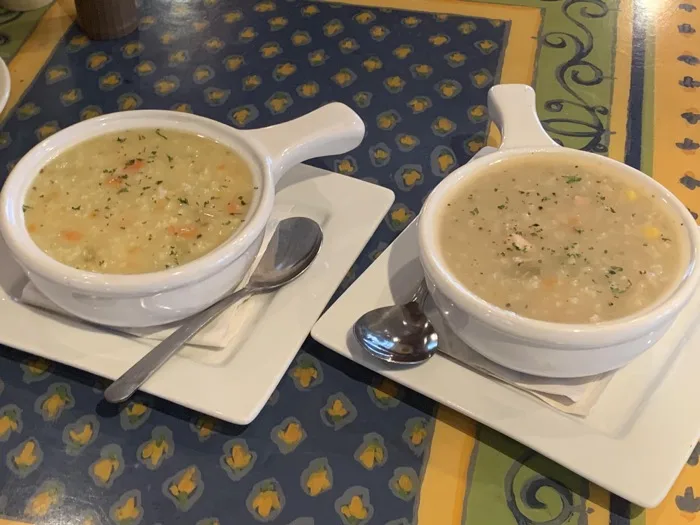Two bowls of homemade soup with fresh herbs